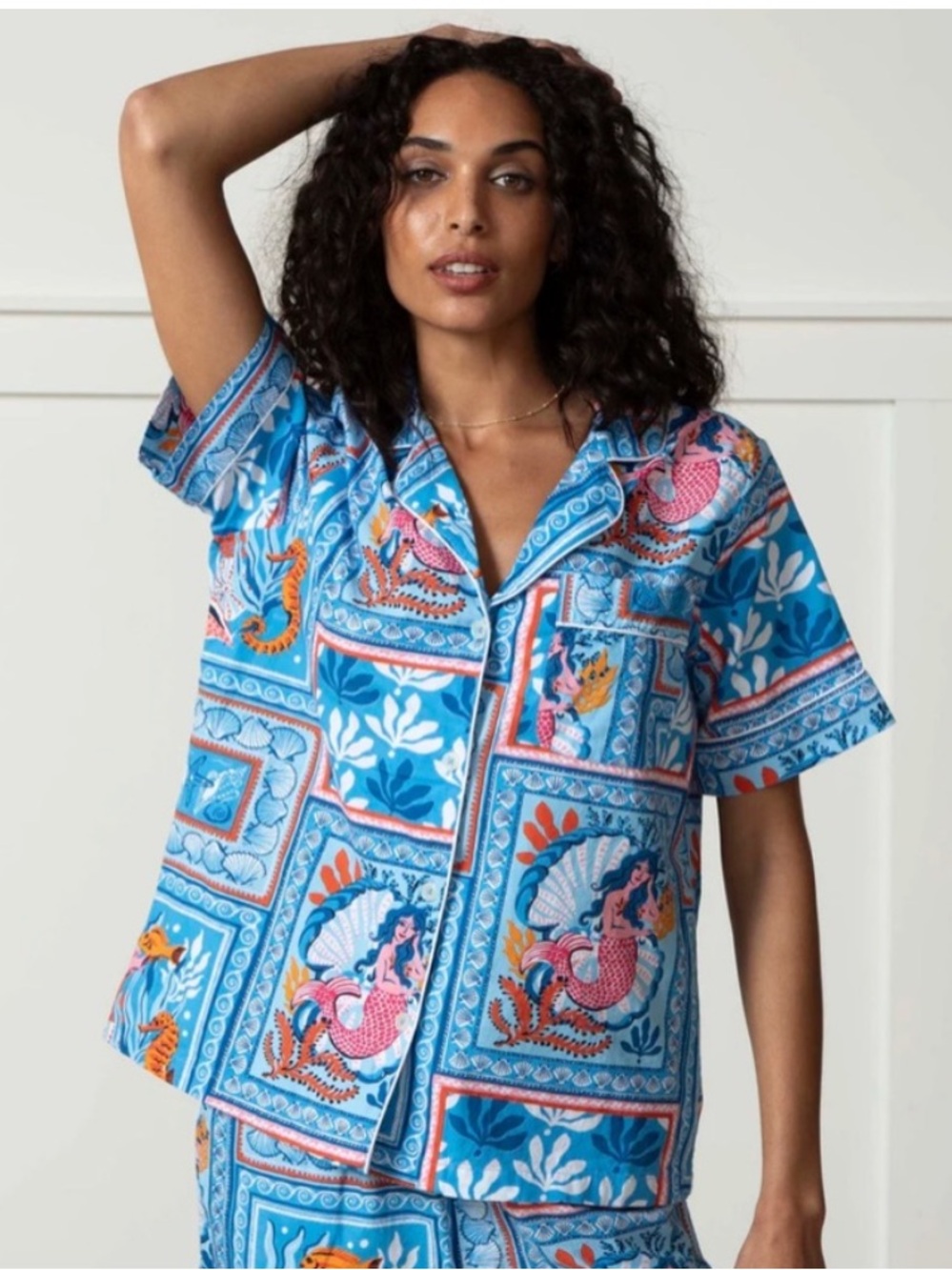 PRINTFRESH WOMENS TIDAL TAPESTRY PAJAMA LOUNGE TOP ONLY BLUE SMALL MERMAIDS